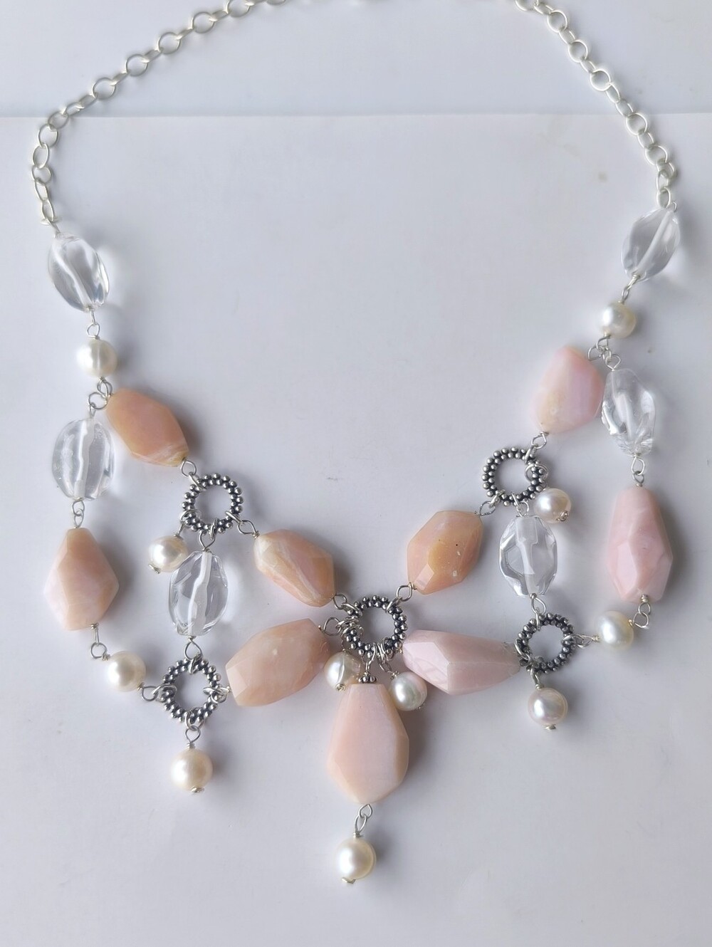 Pink Peruvian Opal Rock Crystal Freshwater Pearl Sterling Silver Sakura Necklace